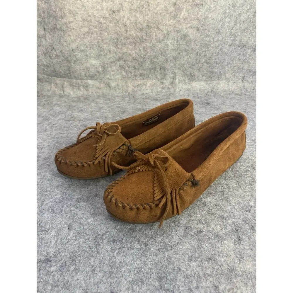 Minnetonka Moccasins Womens 10 Brown Suede Kilty Fringe Driving Loafer Shoes